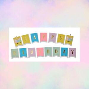 Banderín decorativo Happy Birthday con temática de unicornio y cinta rosada