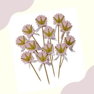Pack de 12 toppers para cupcakes de corona dorada con base rosada y lazo