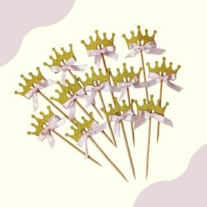 Pack de 12 toppers para cupcakes con diseño de corona dorada y lazo rosado