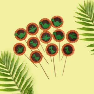 Pack de 12 toppers para cupcakes con temática de dinosaurios y base circular naranja