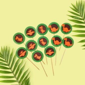 Pack de 12 toppers para cupcakes con temática de dinosaurios y base circular verde